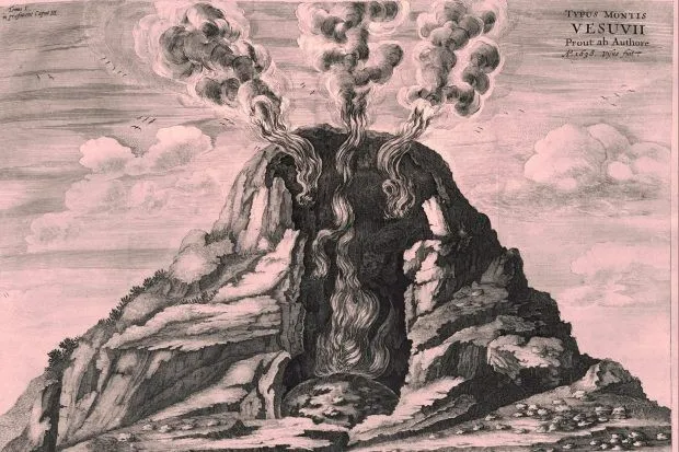 Artistic illustration of Mount Vesuvius erupting over Pompeii